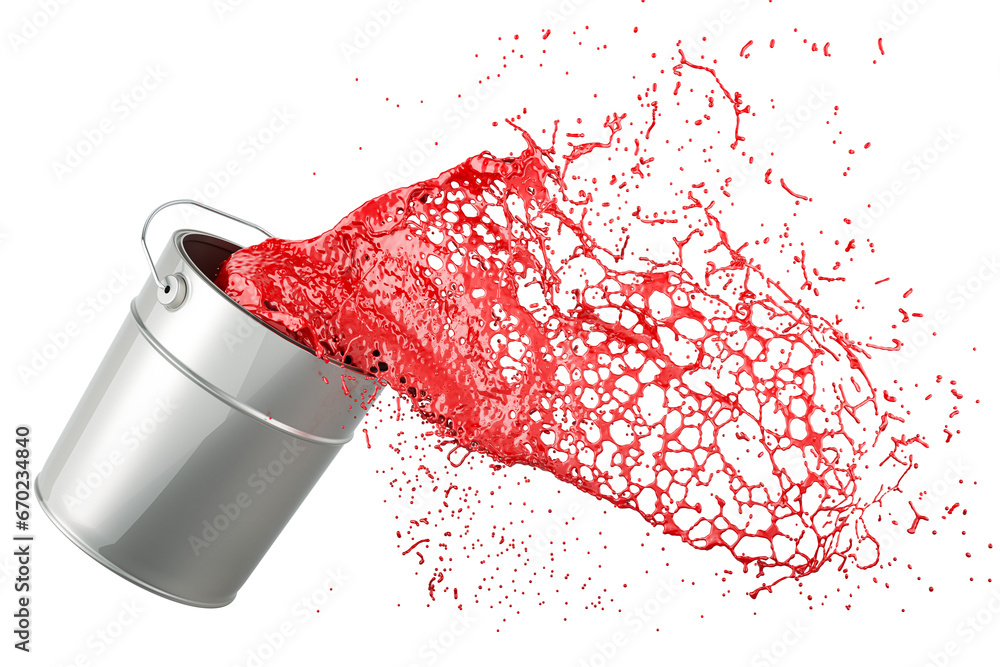Paint can with red splashing, 3D rendering isolated on transparent background