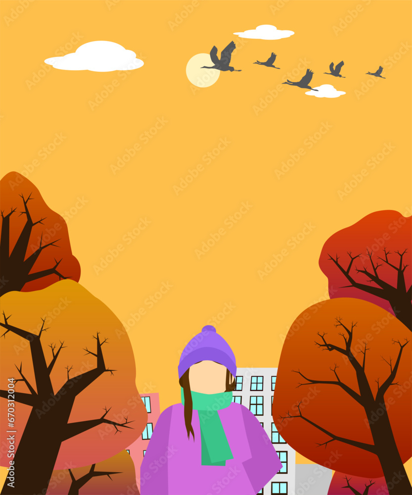 Woman walking on street and cranes flying in sky on autumn day, vector illustration
