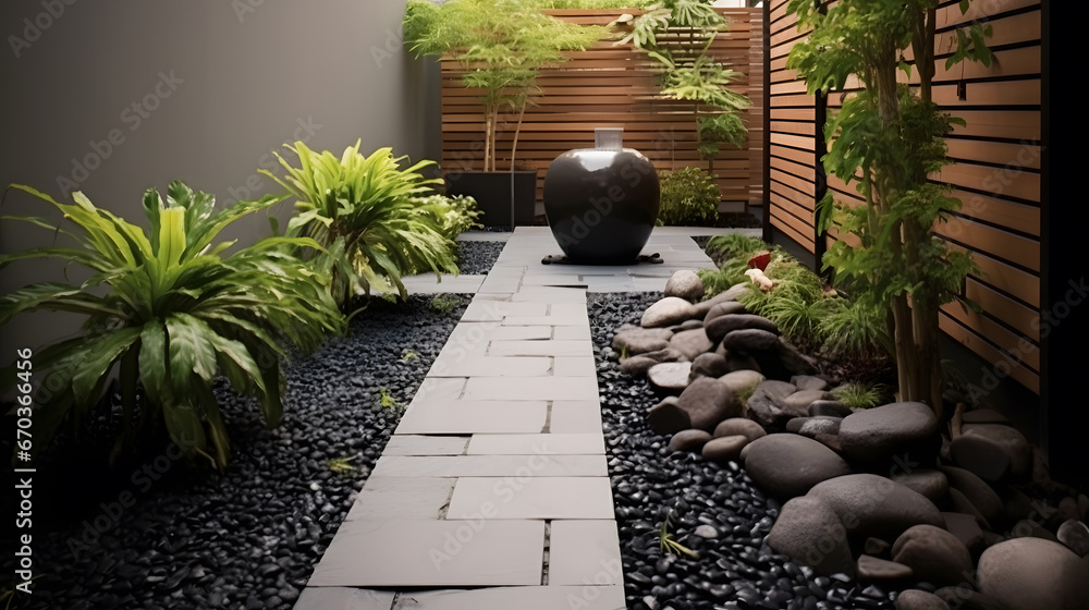 Small tropical plants and paving stone in garden modern house. Exterior design plant in garden