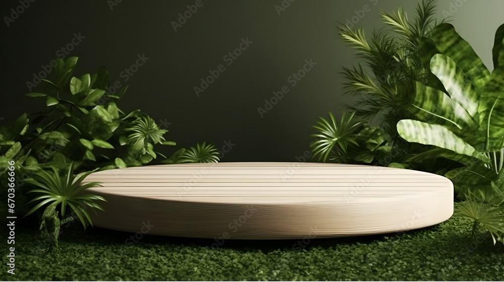 Wood tabletop counter podium floor in outdoors tropical garden forest blurred green leaf plant nature background.Natural product placement pedestal stand display,summer jungle paradise concept.