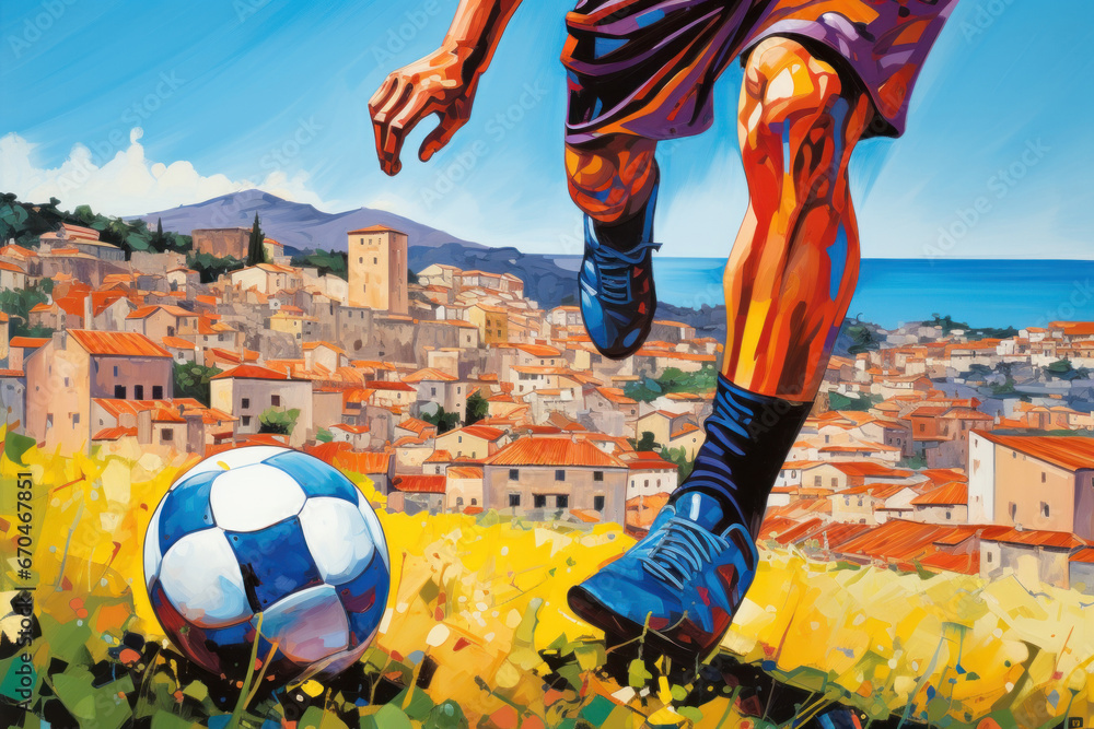 Soccer players run a game and kick soccer ball. European football competition. Concept of sport
