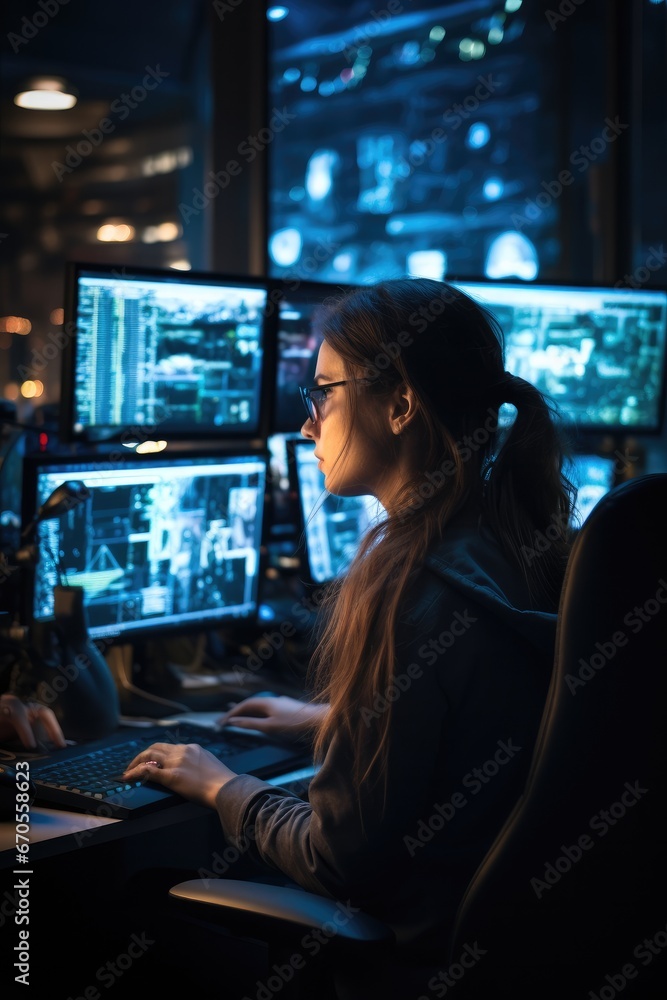 A woman works on several computer screens in office, Information Technology.