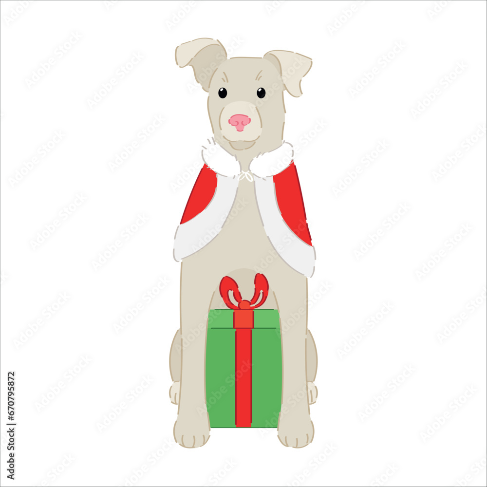 Cute dog in Christmas costume and with gift on white background 