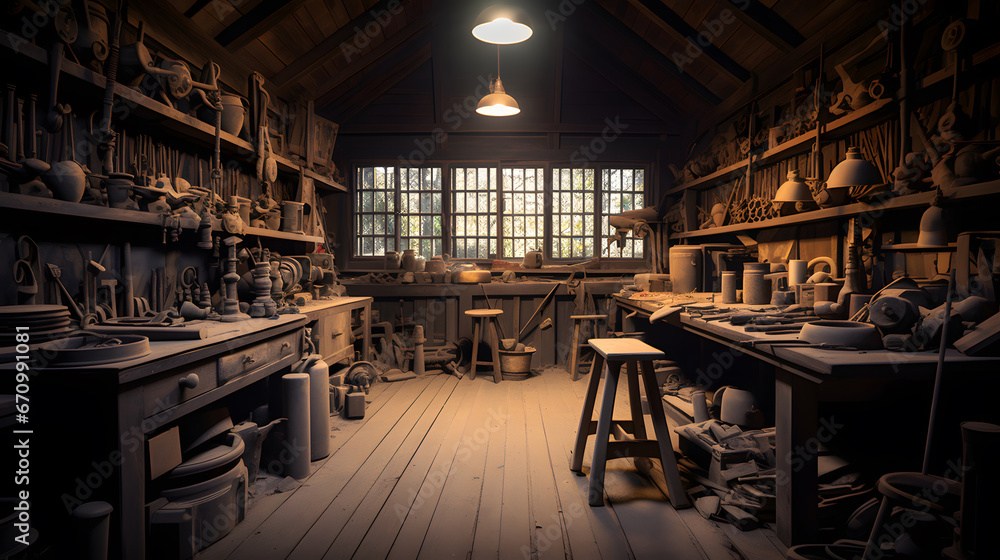 Woodworking workshop. An old shed type wood worker or carpenters work place with old tools on the wall and rustic feel. .
