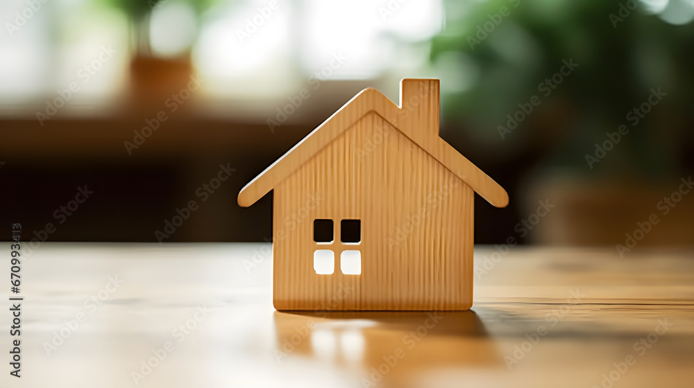 Wooden house model on wood background, a symbol for construction , ecology, loan, mortgage, property or home.Family life and business real estate concept.