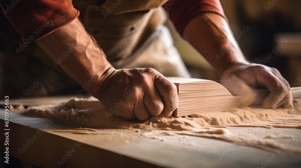 Close-up of a carpenters hands carving wood., close up of a carpenter cutting wood