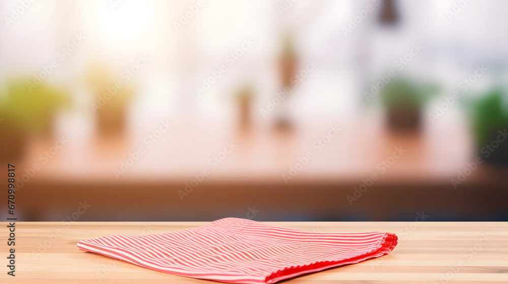 Red fabric, cloth on wood table top on blur kitchen counter  room background. For montage product display or design key visual