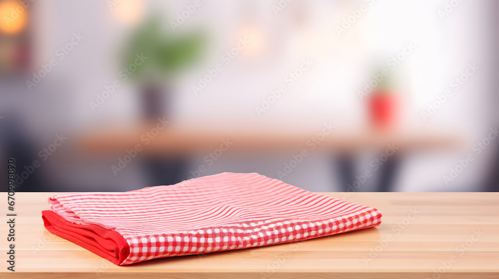 Red fabric, cloth on wood table top on blur kitchen counter  room background. For montage product display or design key visual