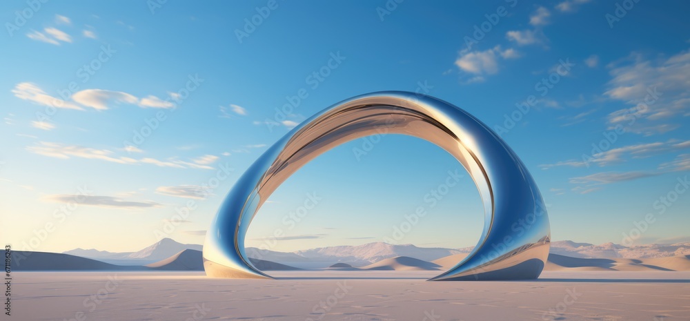 Fantasy world, futuristic fantasy image. Surreal landscape with water and colorful sand. Podium, display on the background of abstract glass, mirror shapes and objects.	