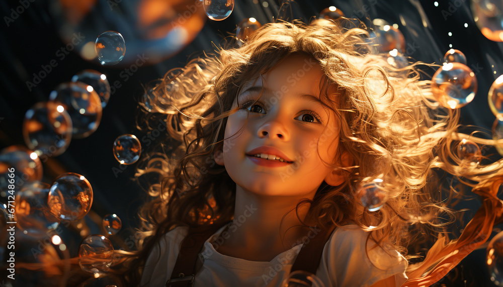 Smiling, cheerful girl enjoys playful bubble blowing at summer party generated by AI