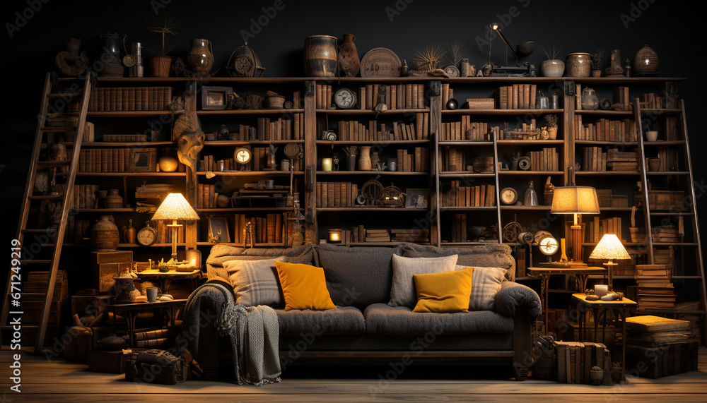 Luxury living room with modern bookshelf, illuminated by electric lamp generated by AI
