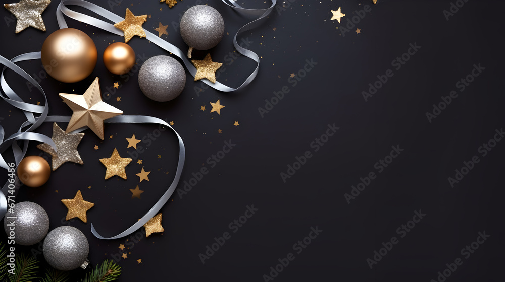 Christmas background with ball , coffeti and decor. Top view with copy space, Christmas decoration on dark background