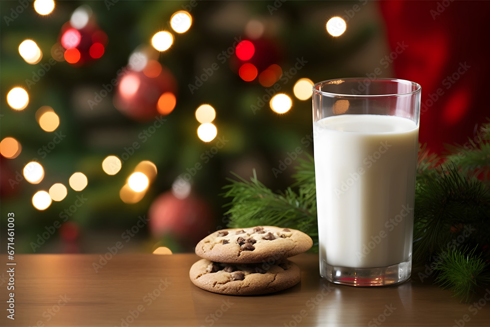 Christmas homemade cookies and milk for Santa Claus in glass near Xmas tree. Christmas card.
