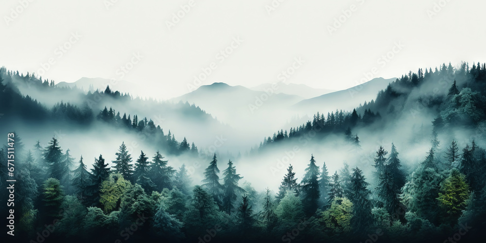 Misty mountain landscape with fir forest in vintage retro style. Generative AI