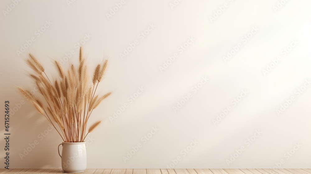 Soft wheat grasses in vase on empty beige wall with light reflection. Calming beige hues. Neutral tones and minimalist aesthetic serene scene. The crop grass with natural elegance and simplicity.