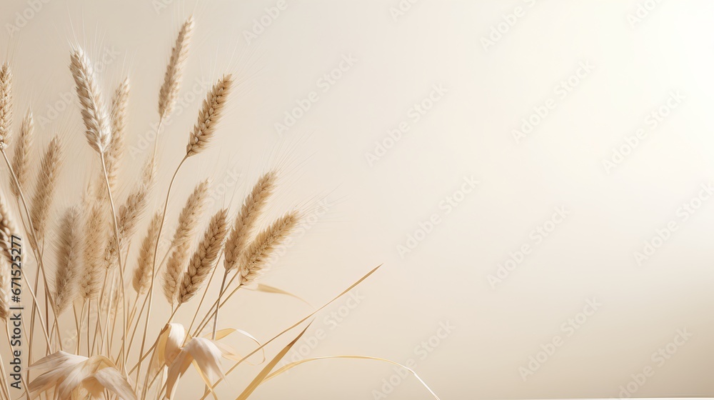 Soft wheat grasses on empty beige wall background. Calming beige hues. Neutral tones and minimalist aesthetic serene scene. The crop grass with natural elegance and simplicity.