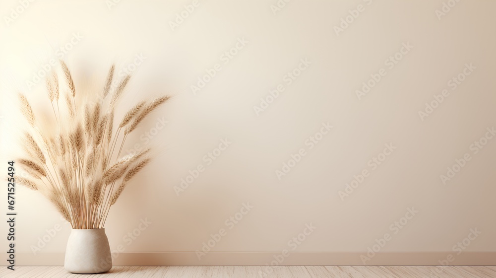Soft wheat grasses in vase on empty beige wall. Calming beige hues. Neutral tones and minimalist aesthetic serene scene. The crop grass with natural elegance and simplicity.