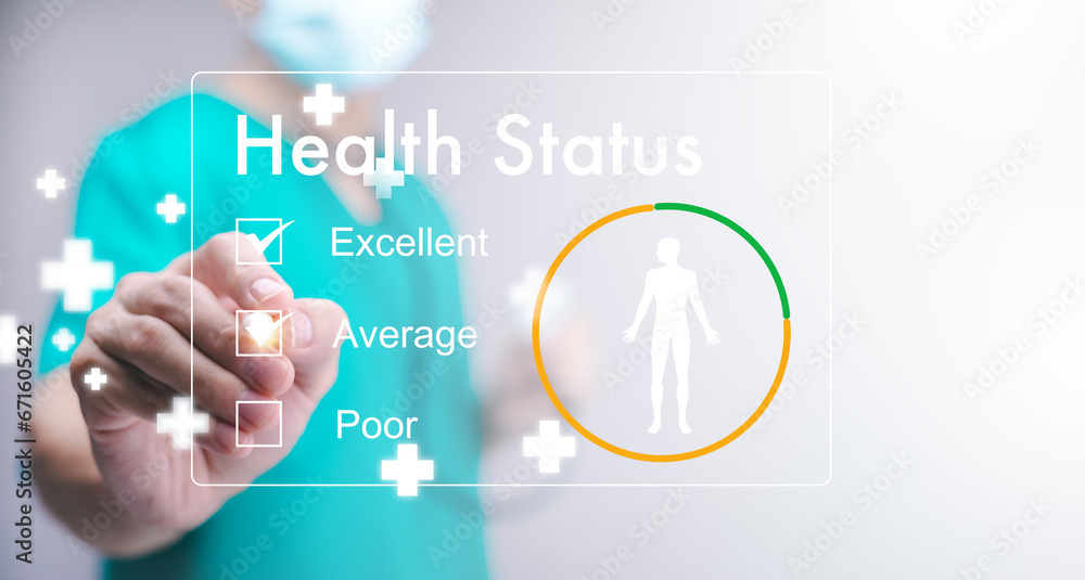 The Woman Doctor uses a pen checkbox for Health status excellence in the Health Status evaluation form, Hospital documents. Medical insurance forms, Doctor paperwork, Health Status concept