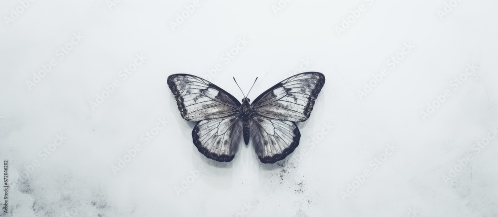 A butterfly that is colored gray is seen resting on a wall that is colored white