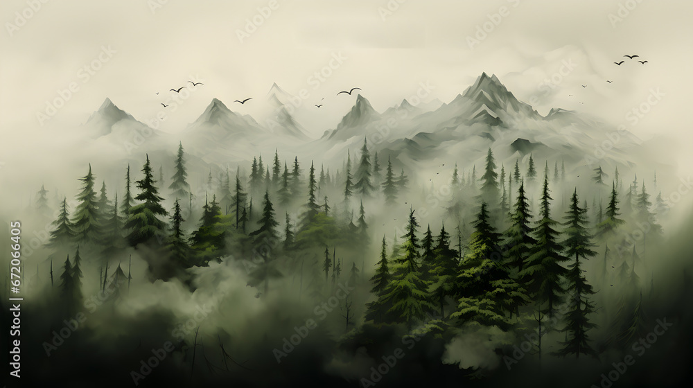 a forest with mountains and trees in the background.a lush forest with towering mountains in the background. Suitable for nature-themed designs, travel brochures, and outdoor-related advertisements.