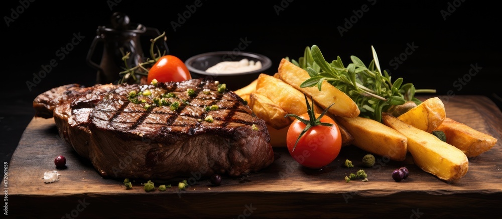 On a wooden table sits a black stone upon which a delicious combination of grilled steak french fries and vegetables is elegantly presented