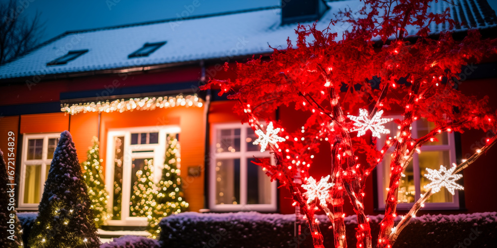 Close-up House decorated with glowing lights for winter holidays. Christmas  illumination. Night scene with fresh snow. Christmas and New Year holiday background.	