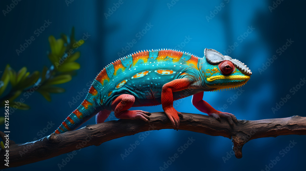 a colorful chameleon on a branch  on blue background