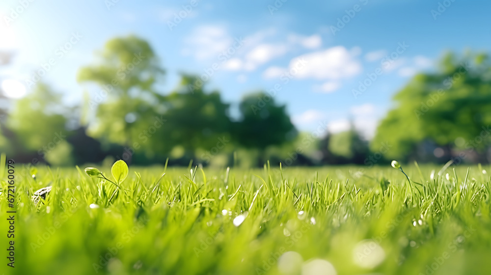 green grass and sky, Beautiful spring nature on  blurred background ,  a blue sky with clouds on a bright sunny day.