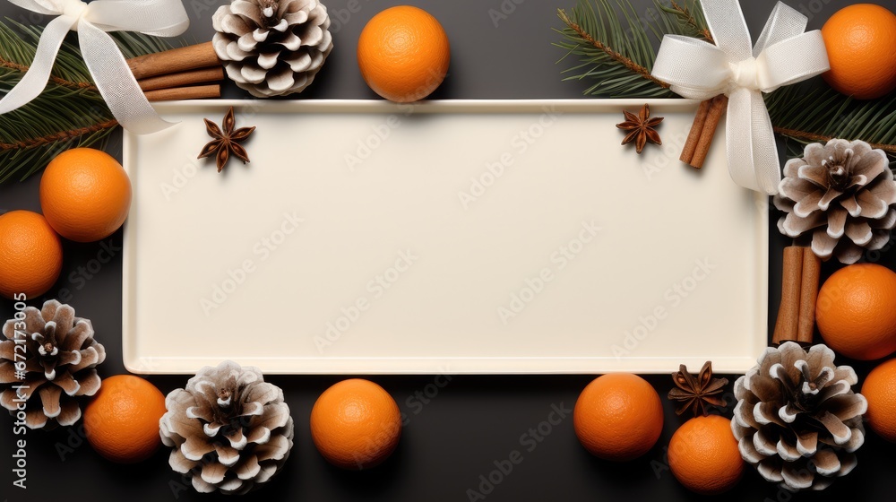 White frame Christmas background, New Years decor with two gift box, for branches, pine cones and slices of dry orange.