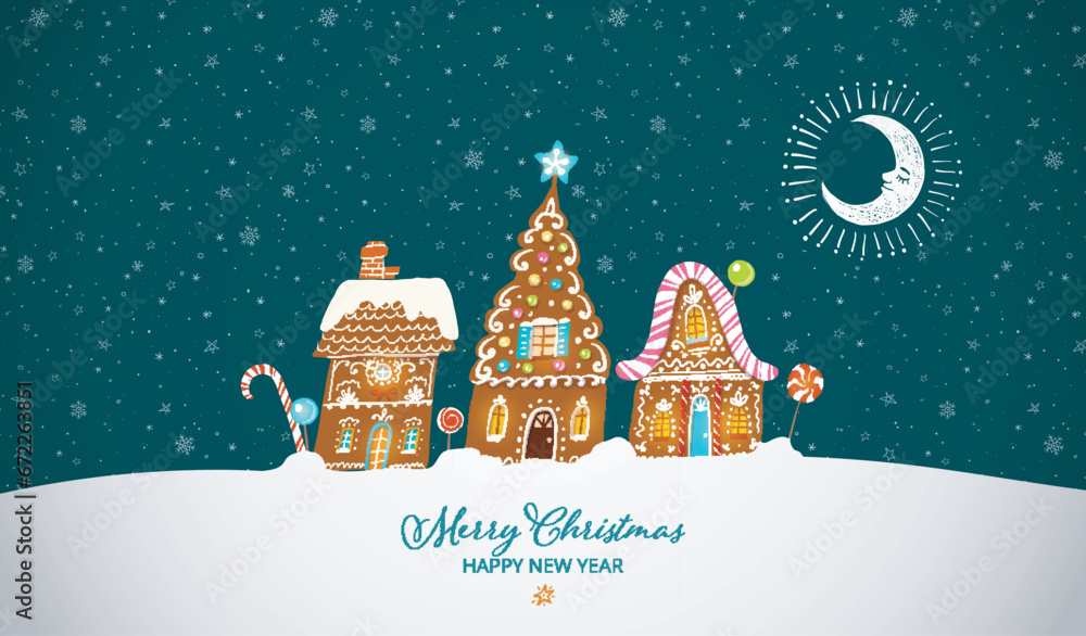 Christmas greeting card with three gingerbread cookie houses, crescent moon and snowflakes on night sky background. Vector illustration.