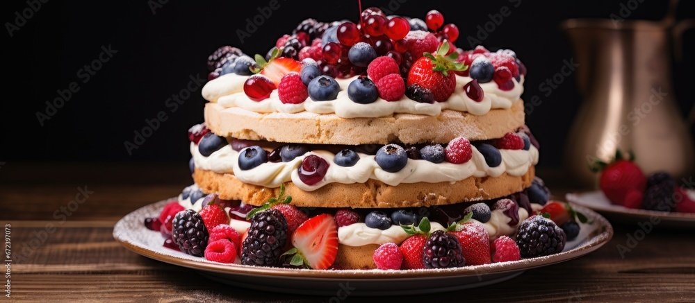 A homemade biscuit cake adorned with berries and white cream is embellished by a confectioner The cake proudly sits upon a wooden table showcasing the artistry of homemade pastry and the de