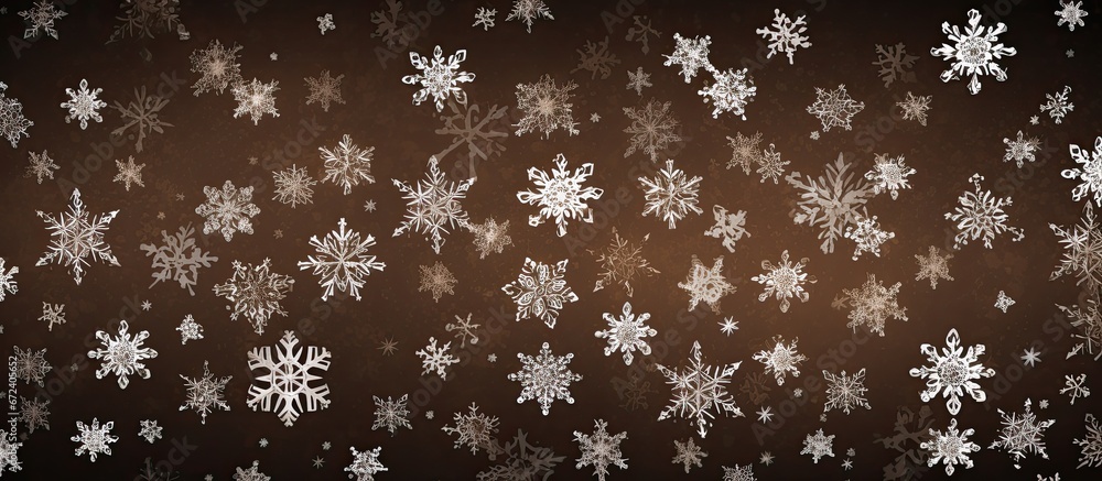 A charming design featuring a seamless retro motif on a brown backdrop adorned with gray accents and delicate white drawings evoking the festive spirit of Christmas snowflakes and the new ye