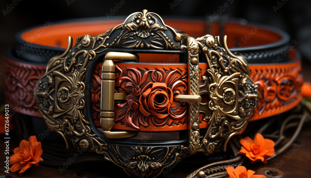 Fashionable leather belt with an ornate metal buckle, a timeless accessory generated by AI