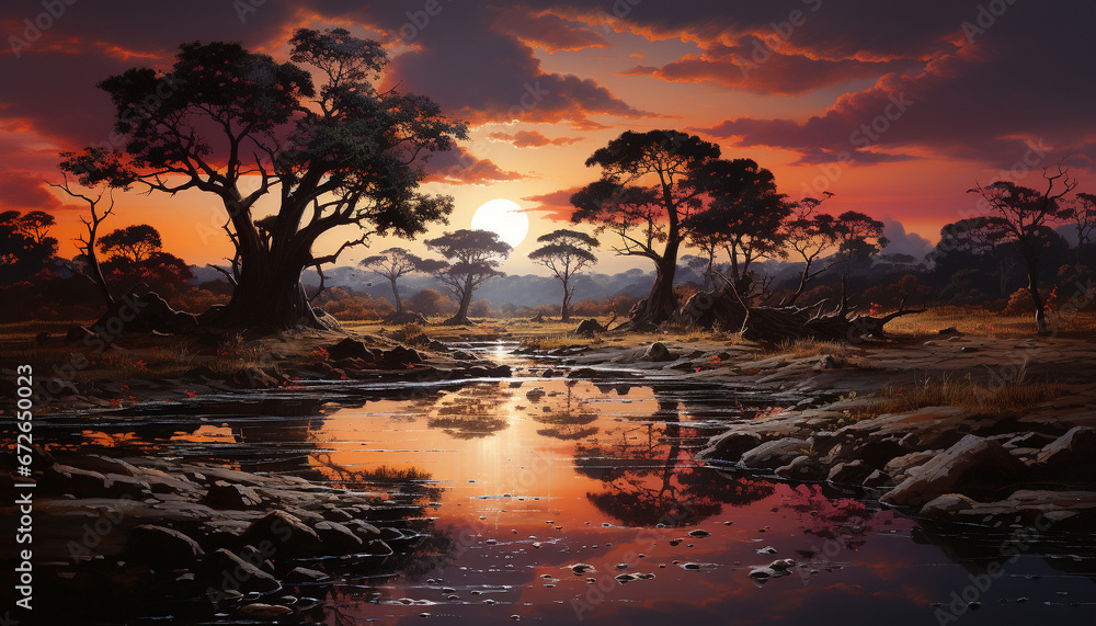 Sunset over African savannah, reflecting beauty in tranquil nature generated by AI