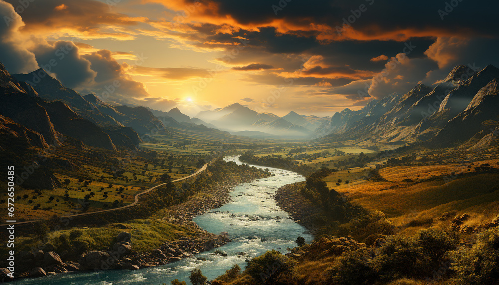 Nature beauty  mountains, sunset, water, clouds, sky, grass, trees generated by AI