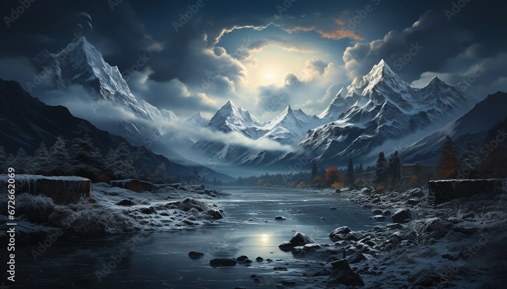 Majestic mountain peak reflects tranquil sunset on snowy landscape generated by AI
