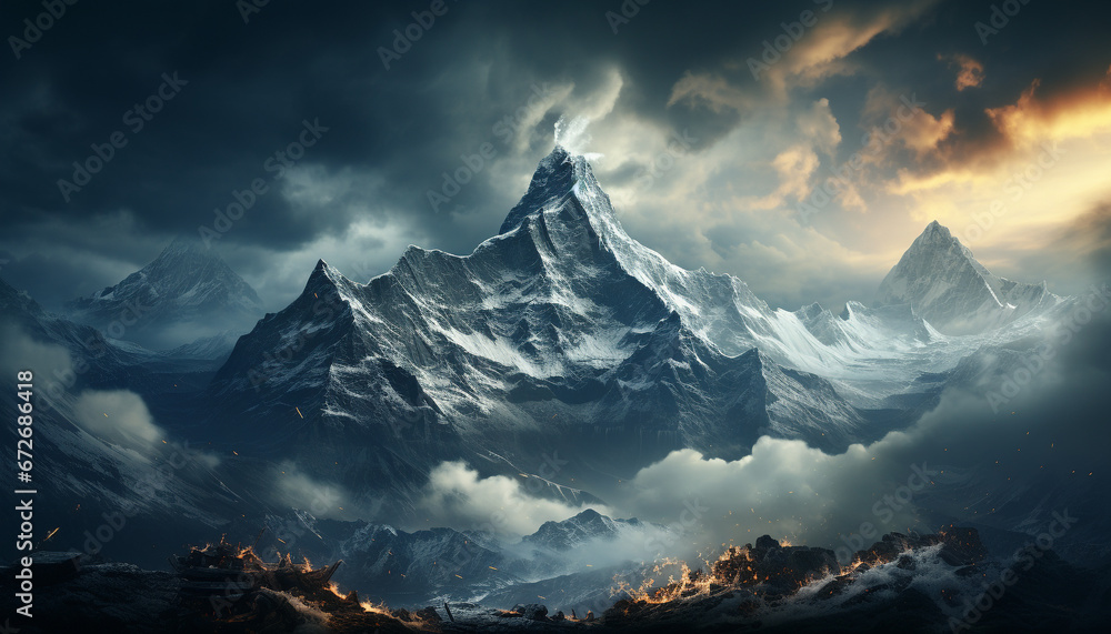 Majestic mountain peaks, snow capped and bathed in golden sunset generated by AI