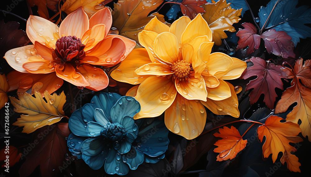 Vibrant autumn colors adorn nature beauty, a floral illustration blossoms generated by AI