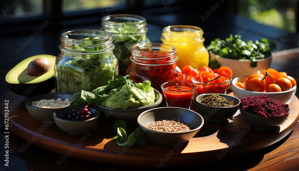 Freshness and variety on a wooden table  healthy vegetarian meal generated by AI