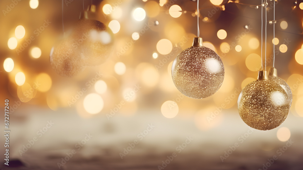Happy Christmas light decorations in new year night winter background. Ornaments elements gold confetti bokeh color Xmas ornaments Glass ball tree decorations. Christmas glowing golden christmas balls