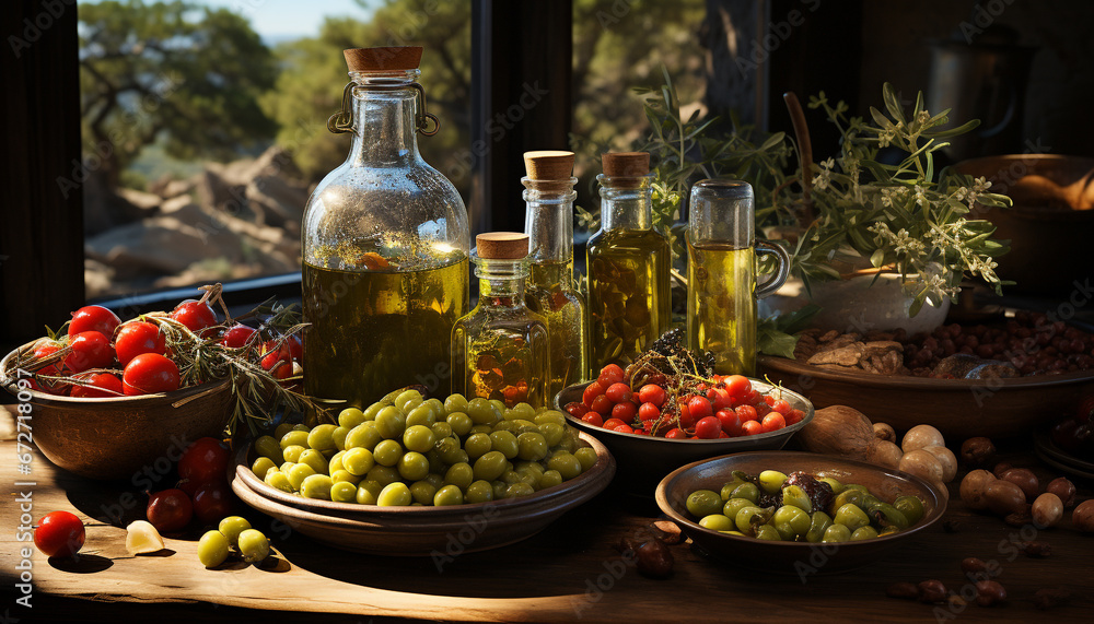 Fresh organic olive oil, a healthy cooking ingredient from nature generated by AI