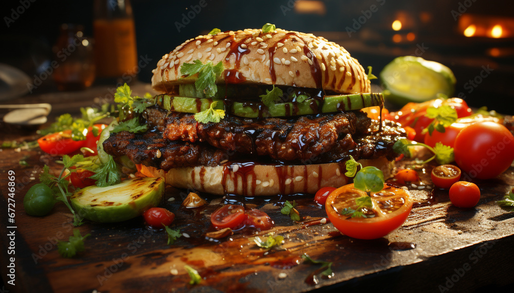 Grilled meat, fresh vegetables, and cheeseburger on wooden table generated by AI
