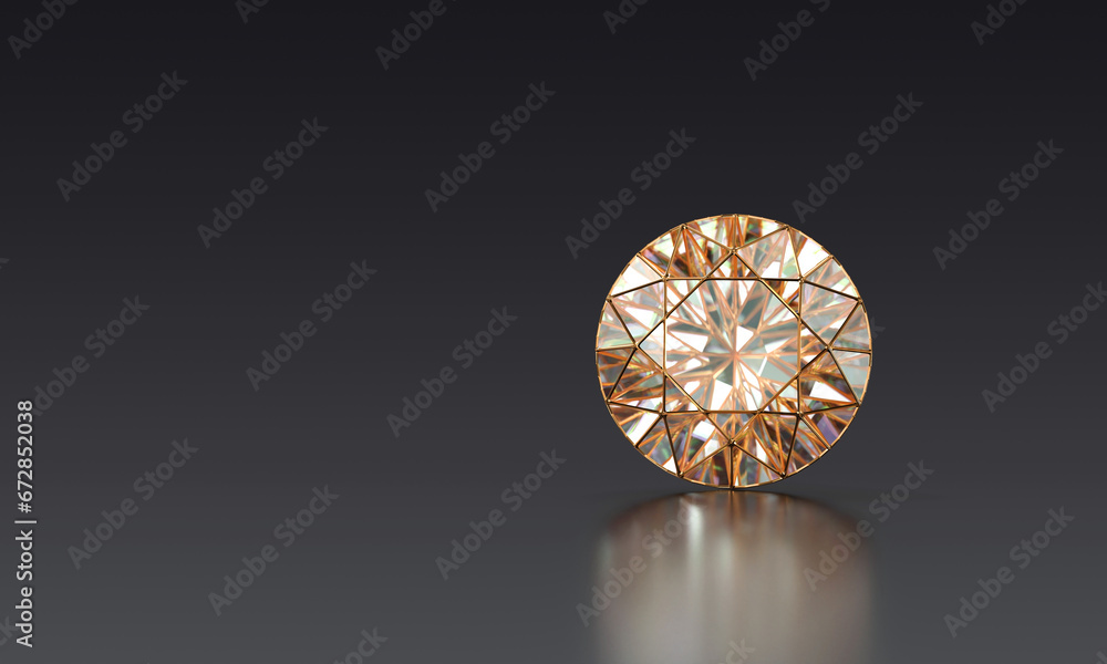Abstract colorful brilliant diamond gem placed on glossy black background 3d rendering