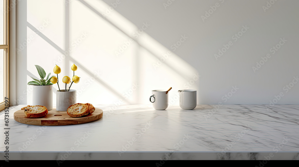 empty table Marble stone on modern kitchen interior background. Scene stage showcase for montage you products, promotion sale or advertising