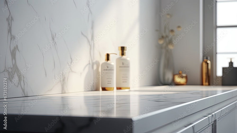 Empty marble bath table for montage of your products opposite white tile wall in elegant bathroom interior with accessories. Concept scene stage for montage product and promotional, mockup