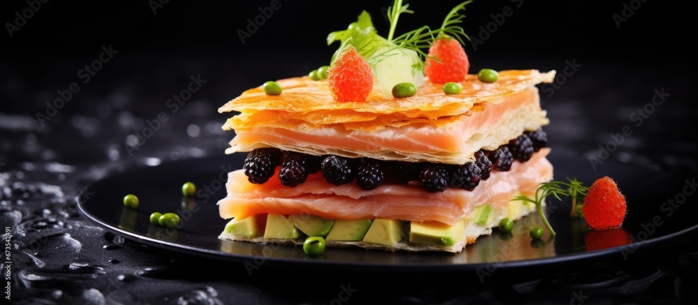 On a dark background there is a millefeuille adorned with salmon avocado and caviar