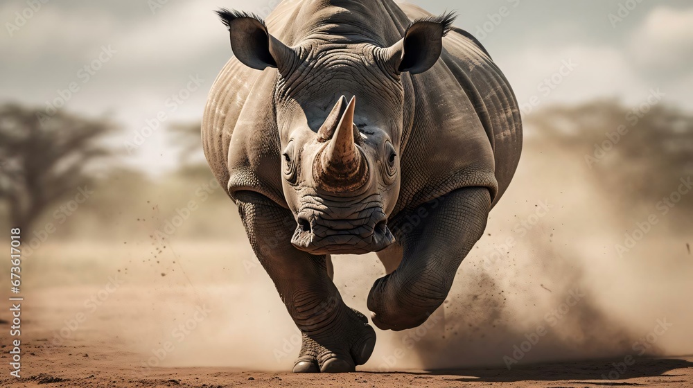 a rhino running in the dirt