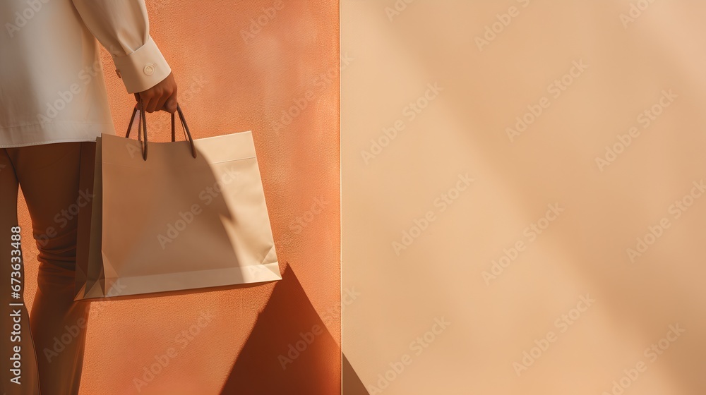 The essence of a shopping concept, featuring a hand delicately holding a shopping bag. Minimalistic and aesthetically pleasing visual. The image also includes ample copy space for customization.