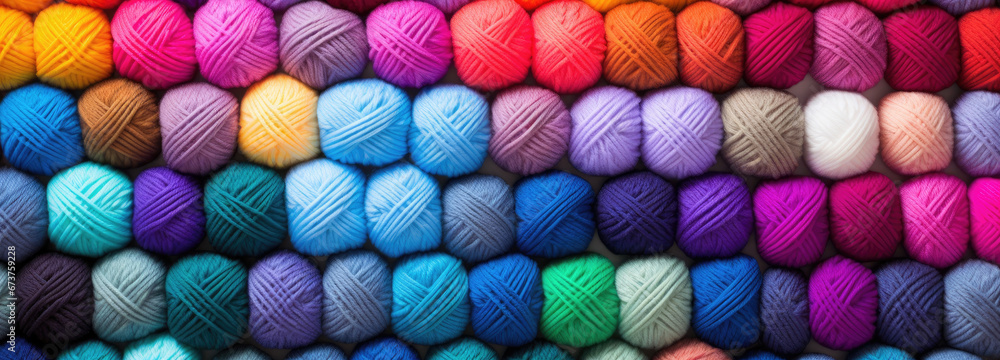 Colored balls of yarn background.Rainbow colors. All colors. Yarn for knitting wallpaper. Skeins of yarn.Rack with yarn in the store. Shelf with multi-colored threads for knitting