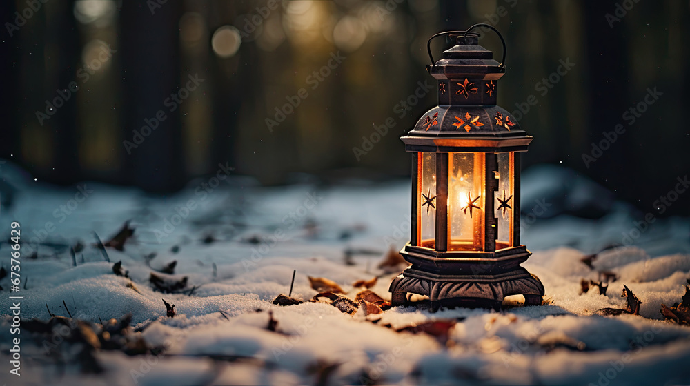 christmas lantern in the snow with copy space, Candle lantern under the snowy branches at dusk. Christmas time in a wintery garden.